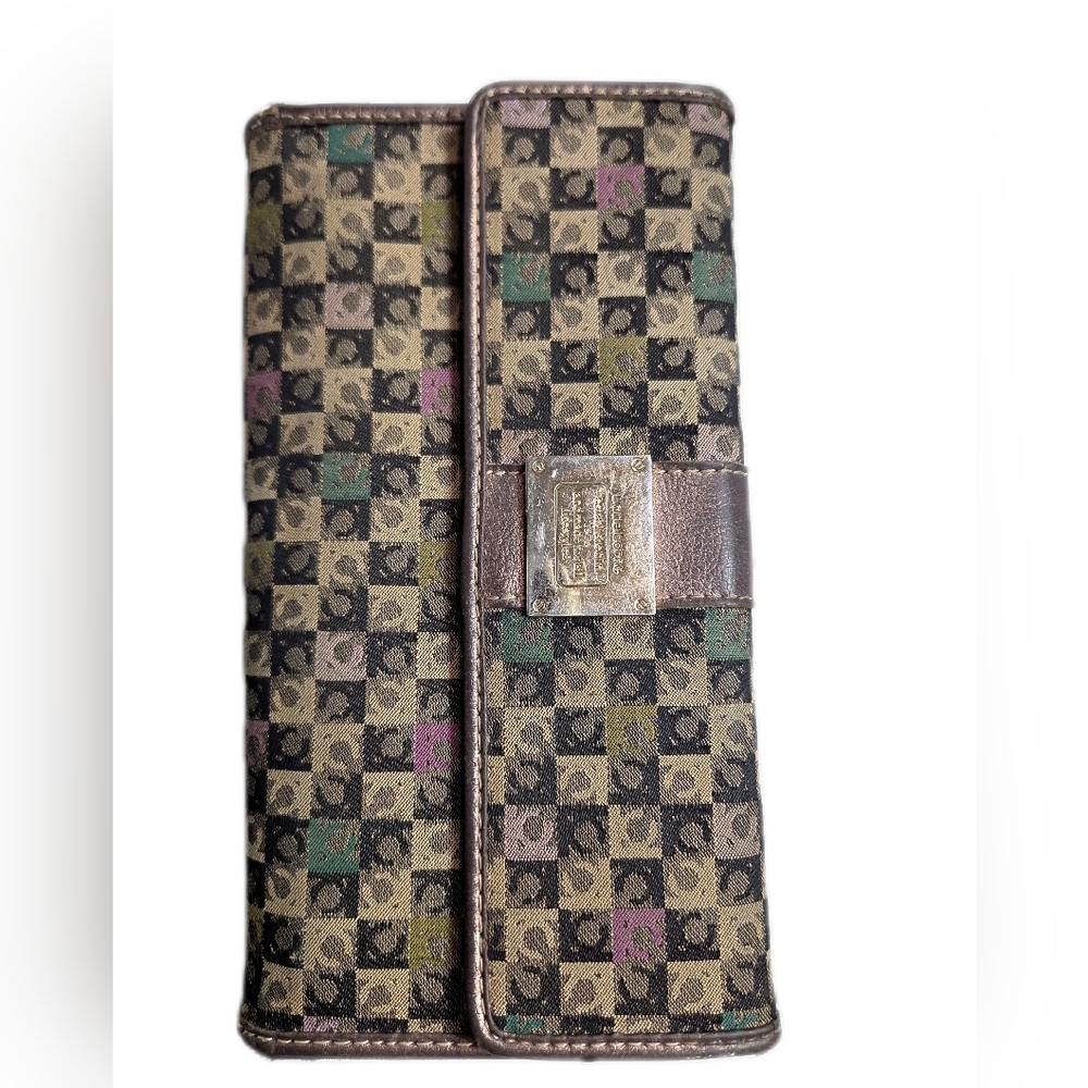Liz Claiborne Brown Monogram Wristlet with Green and Pink Accents